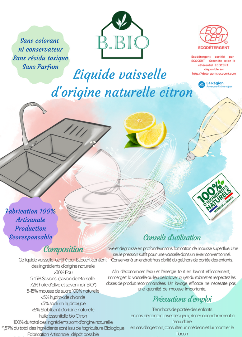 Liquide vaisselle au citron BIO 750ml.