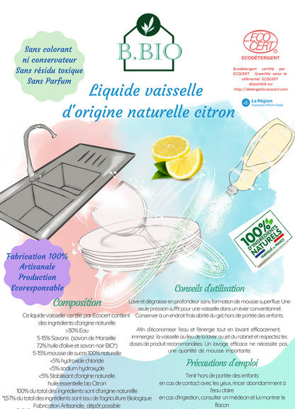 Liquide vaisselle au citron BIO 750ml.